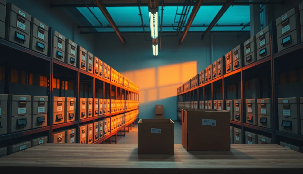 Filing room with labeled storage boxes on metal shelves, telemarketing records retention