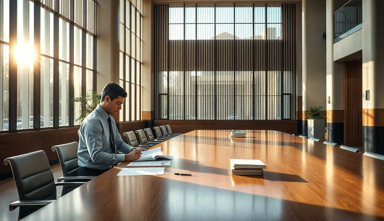 Compliance officer reviewing telemarketing sales rule documents at a conference table