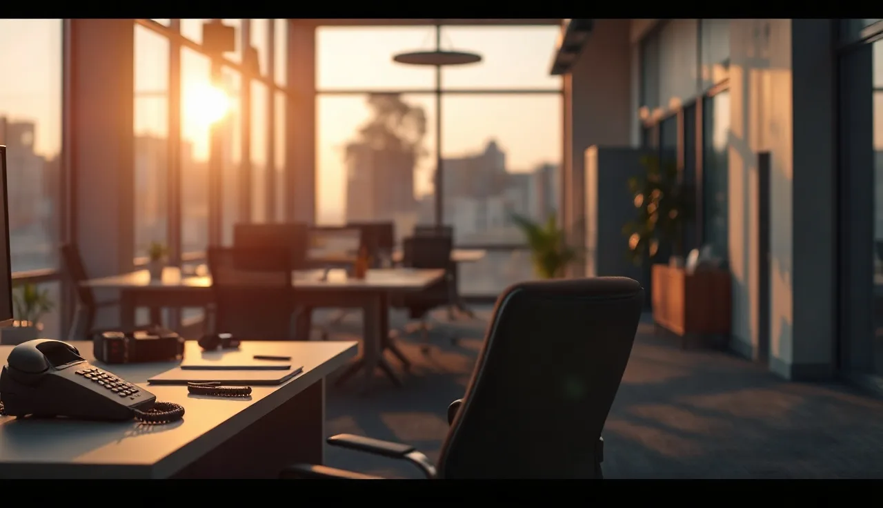 Empty office desk with landline phone under warm light, representing telemarketing compliance