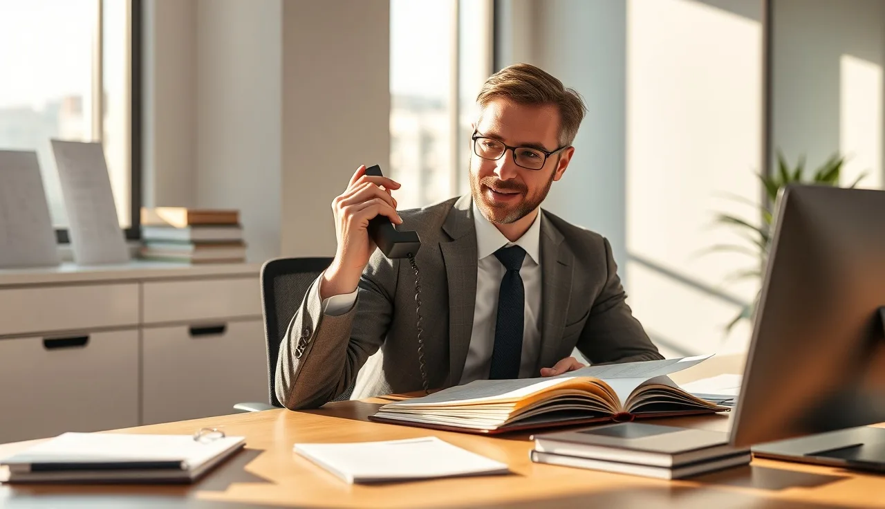 Sales professional making a cold call at a desk with telephone and notebook
