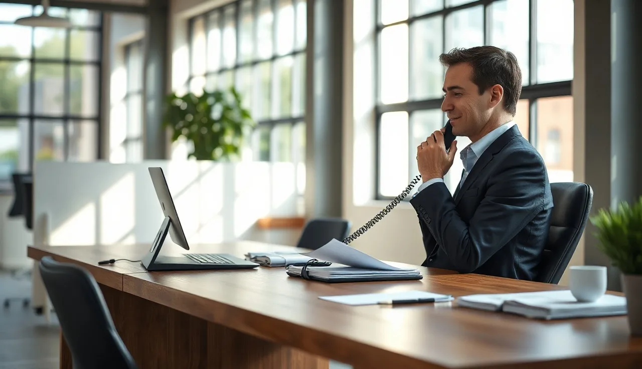 Sales professional making a B2B cold call at a well-lit office desk