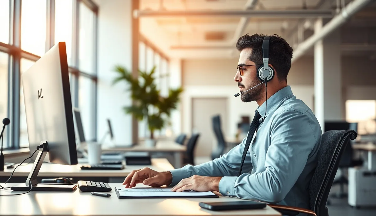 Sales professional at a desk with headset making a B2B telemarketing call