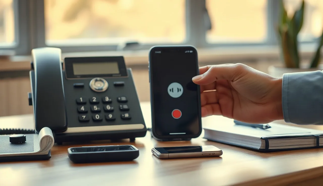 A desk phone and smartphone on a wooden desk, hand answering a call