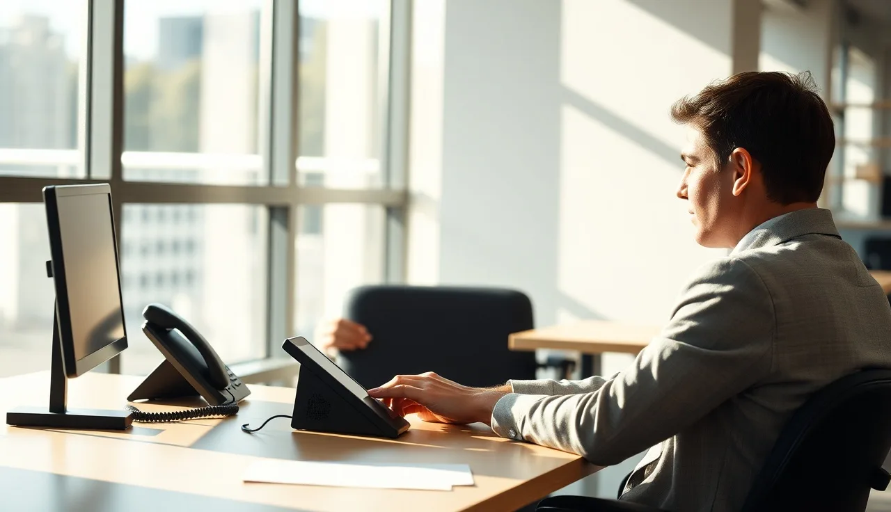Sales professional at desk with two phones in an open-plan office