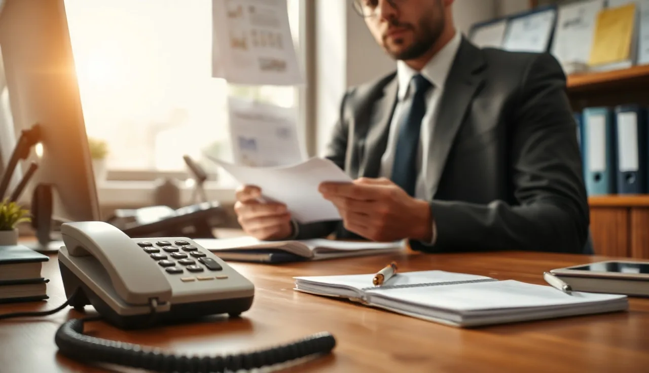 Person reviewing compliance documents beside a desk telephone in an office