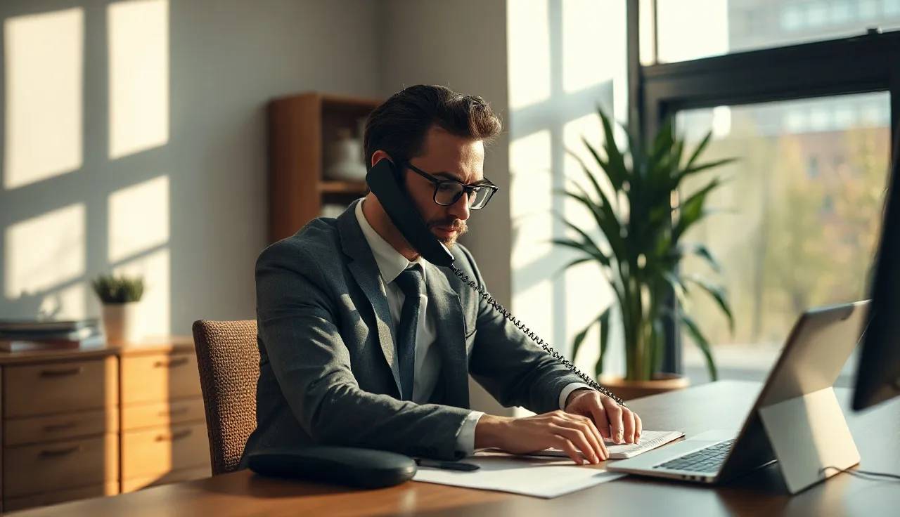 Sales professional making a cold call at a desk in a modern office