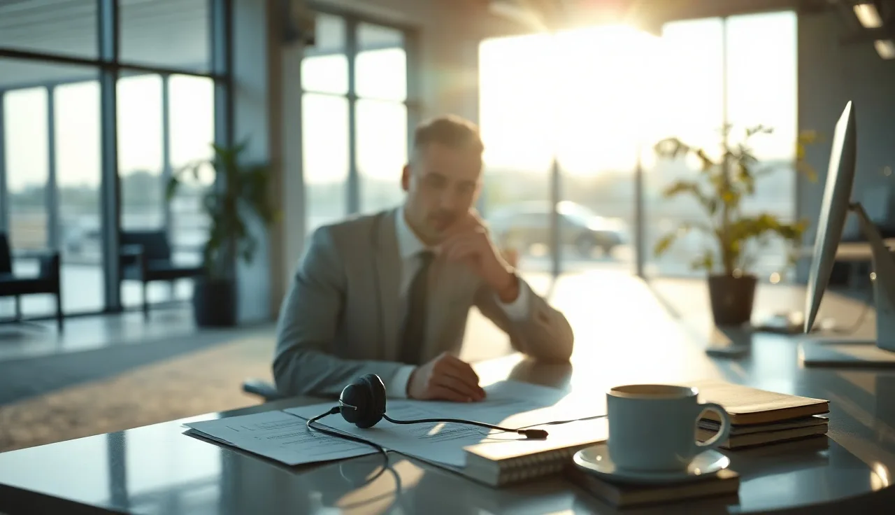Sales professional at a desk with a headset preparing cold calling leads