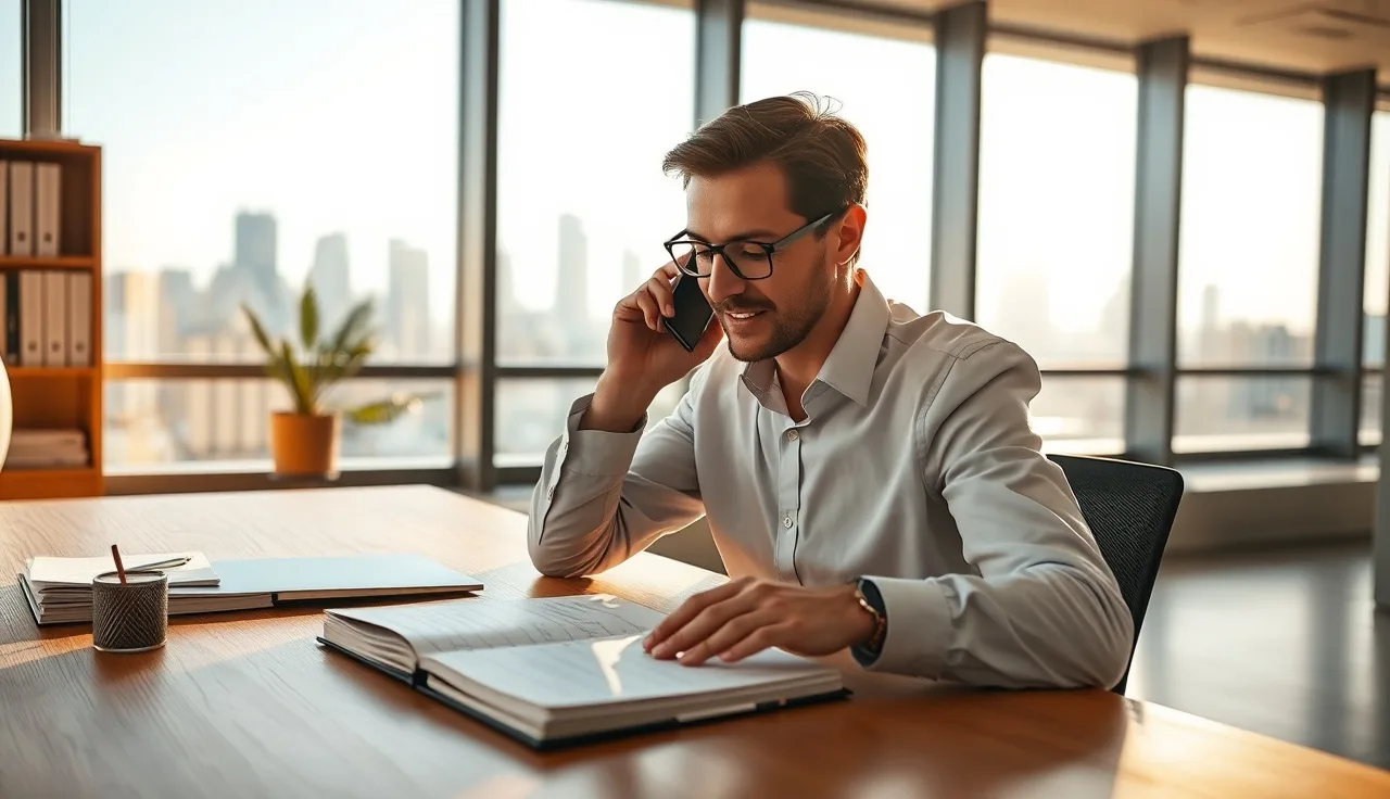 Salesperson making a cold call at a desk with city view behind