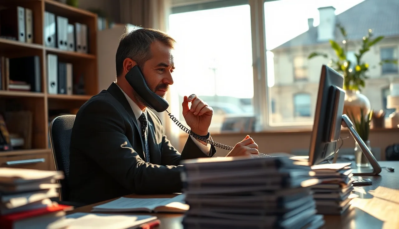 Salesperson making a cold call at a desk in warm afternoon light