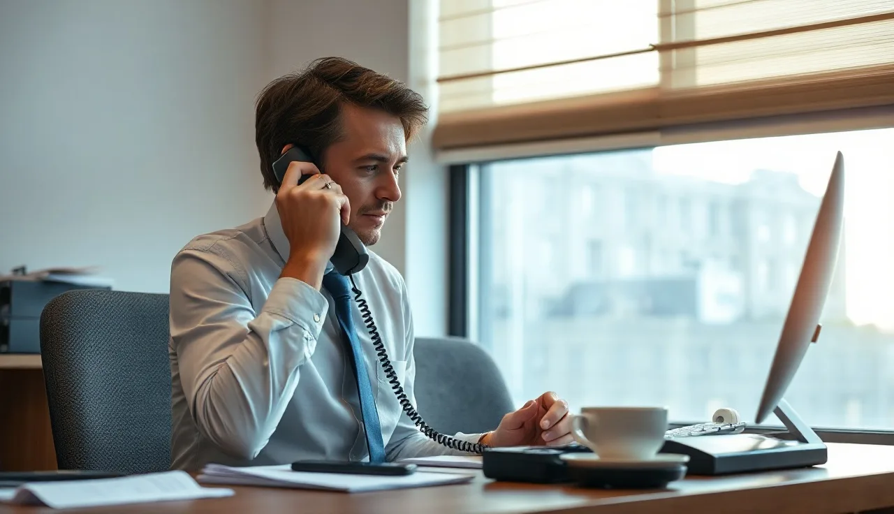 Person on a telephone call at a desk with afternoon window light, telemarketing compliance setting