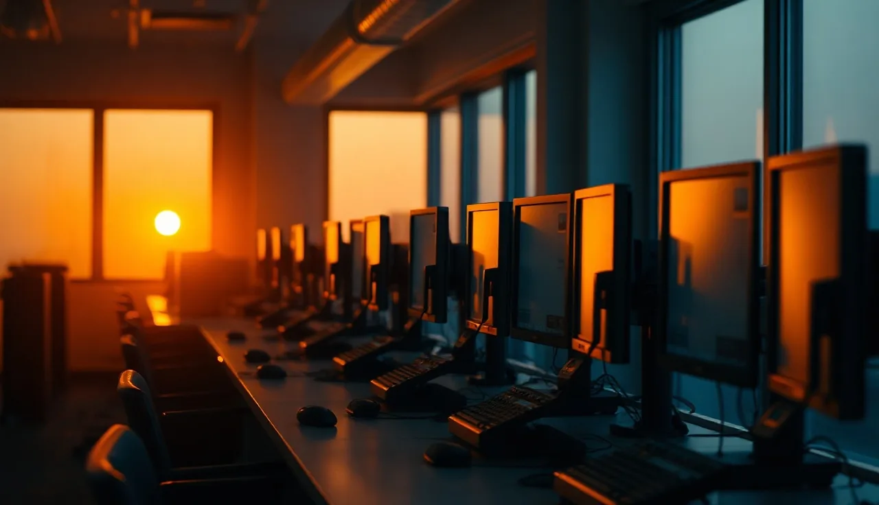 Empty call center desks with headsets at dusk, predictive dialer compliance risk context