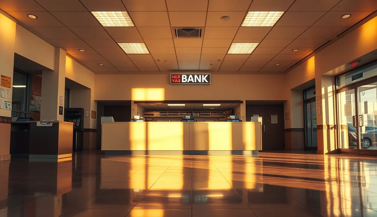 Empty bank branch lobby with teller counter and warm overhead lighting