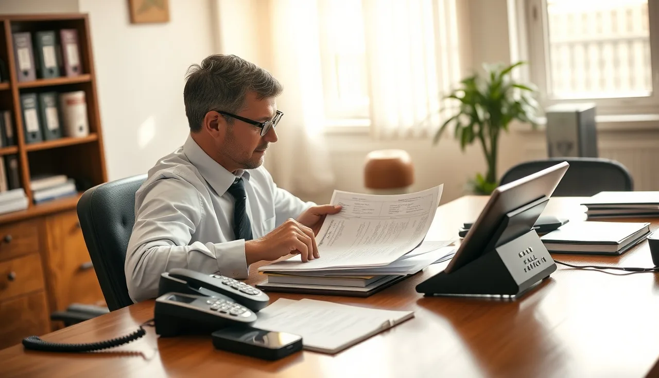 Compliance officer reviewing printed call logs next to a desk phone and mobile phone in a sunlit office