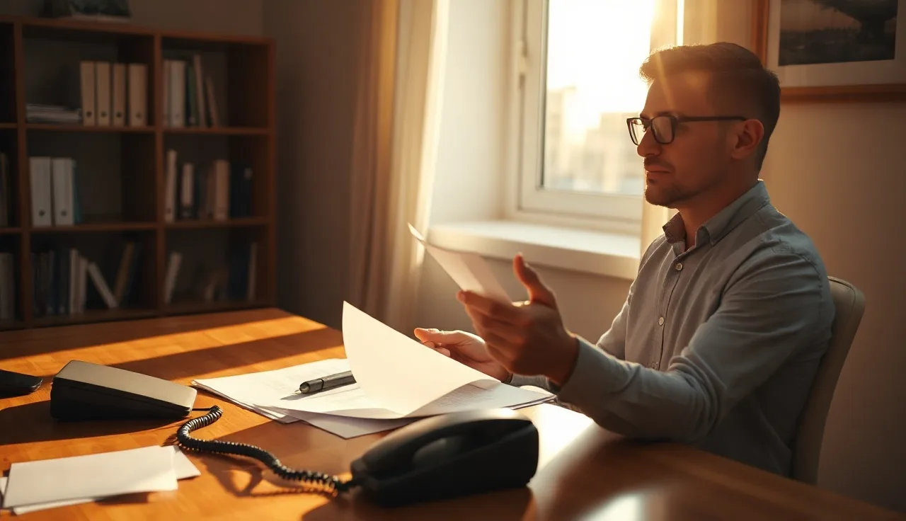 Person reviewing telemarketing compliance documents at a desk with a phone nearby