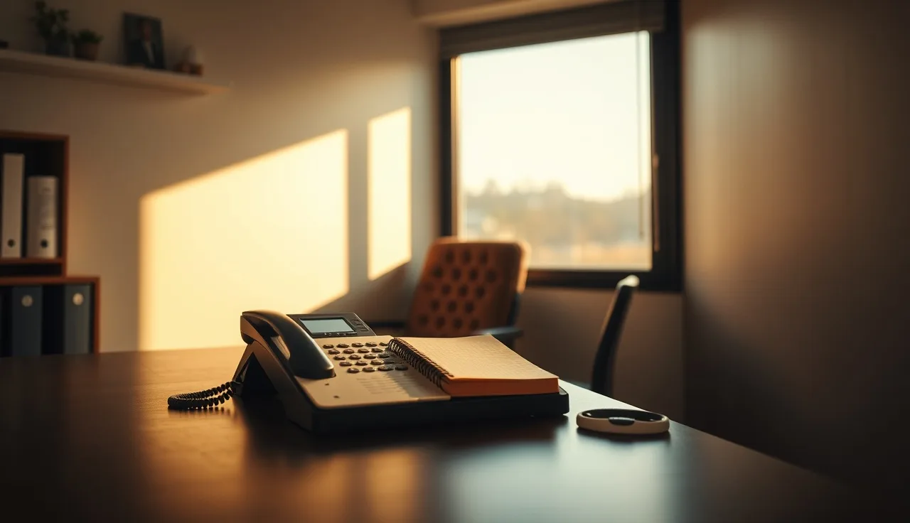 A telephone and notepad on a desk in morning light, telemarketing compliance setting