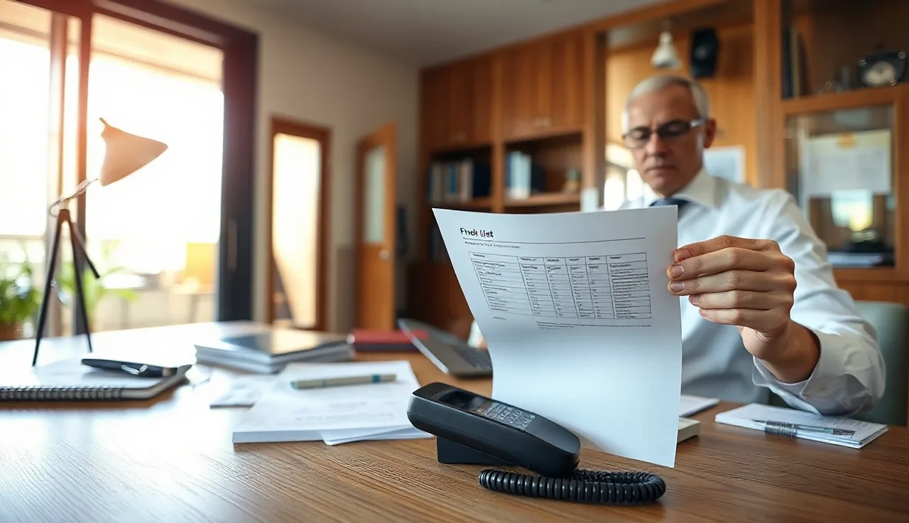 Compliance officer reviewing telemarketing call logs at office desk under morning light