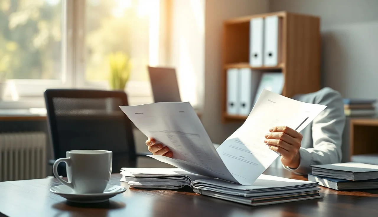 Compliance officer reviewing telemarketing call logs at a desk in morning light