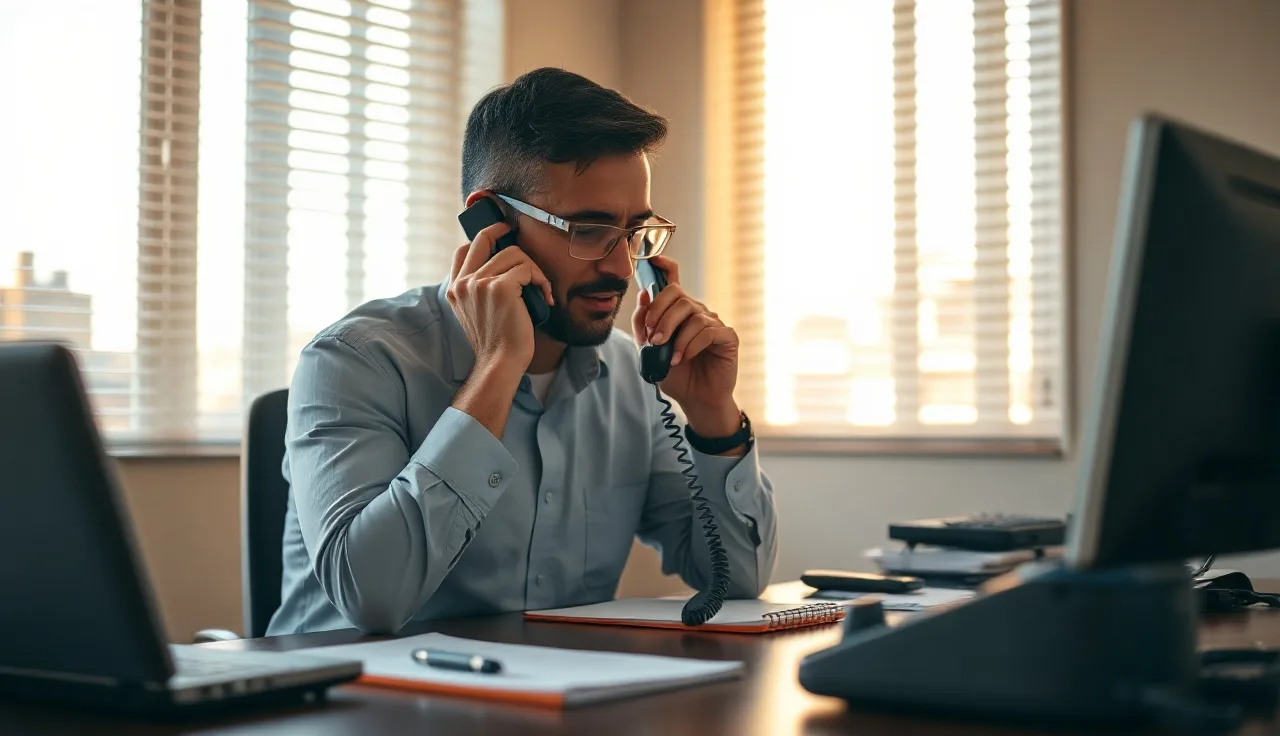 Financial advisor making a cold call in a compliance-focused office setting