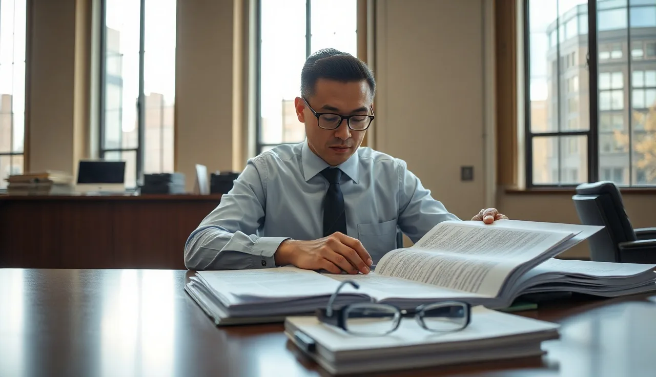 Compliance officer reviewing FTC telemarketing regulatory documents at a government office desk