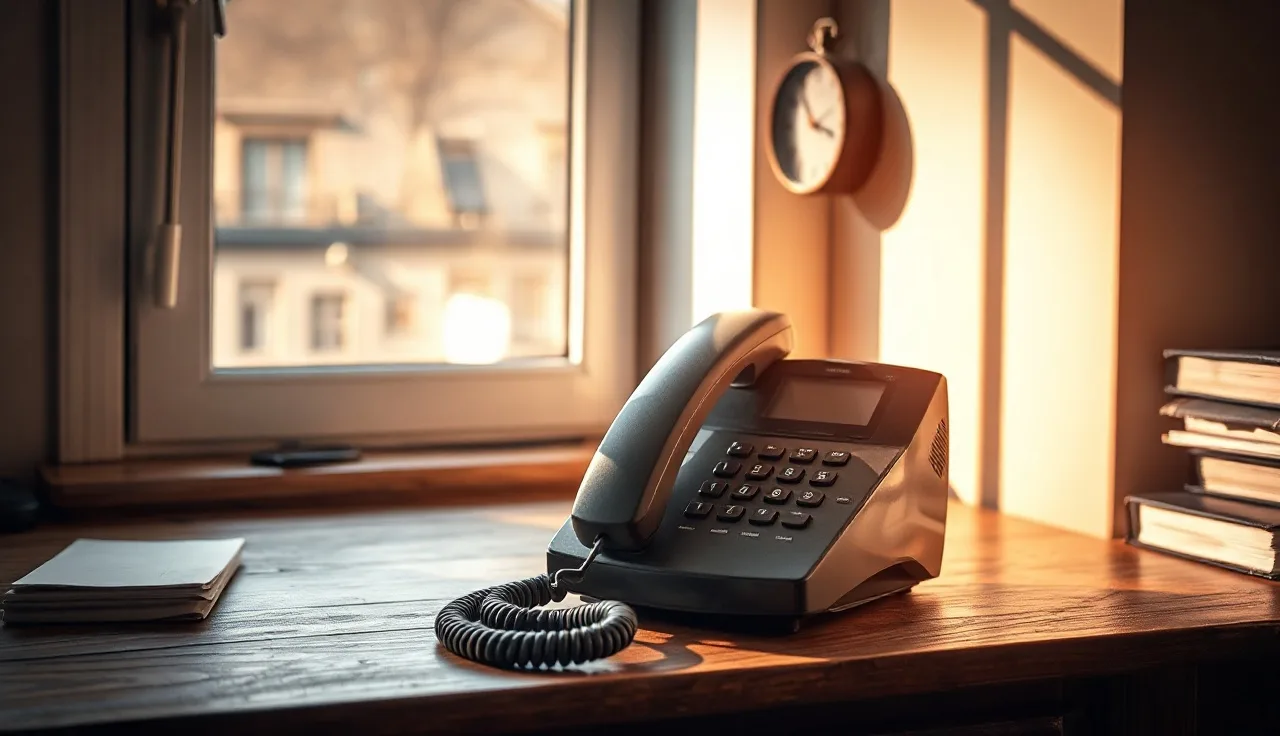 Landline phone on a desk with a wall clock showing 7:50 a.m.