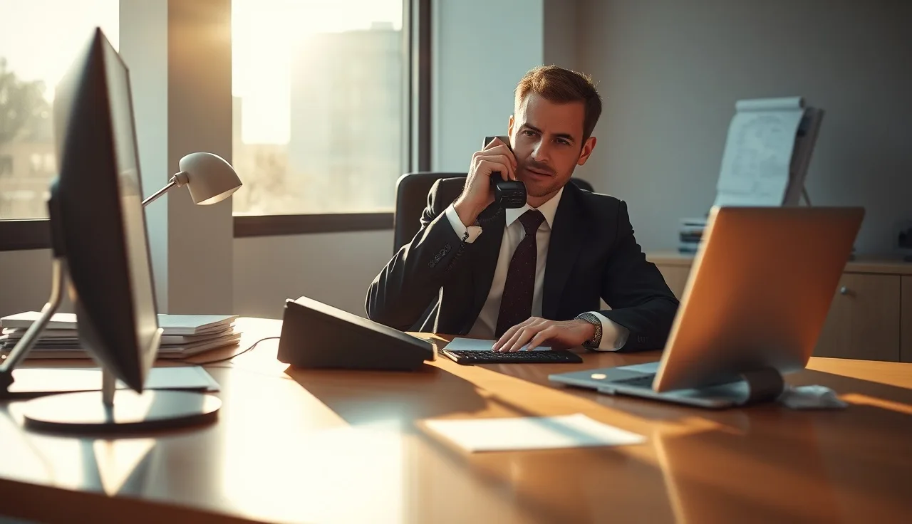 Business professional on a landline phone call in a sunlit office, representing B2B telemarketing compliance