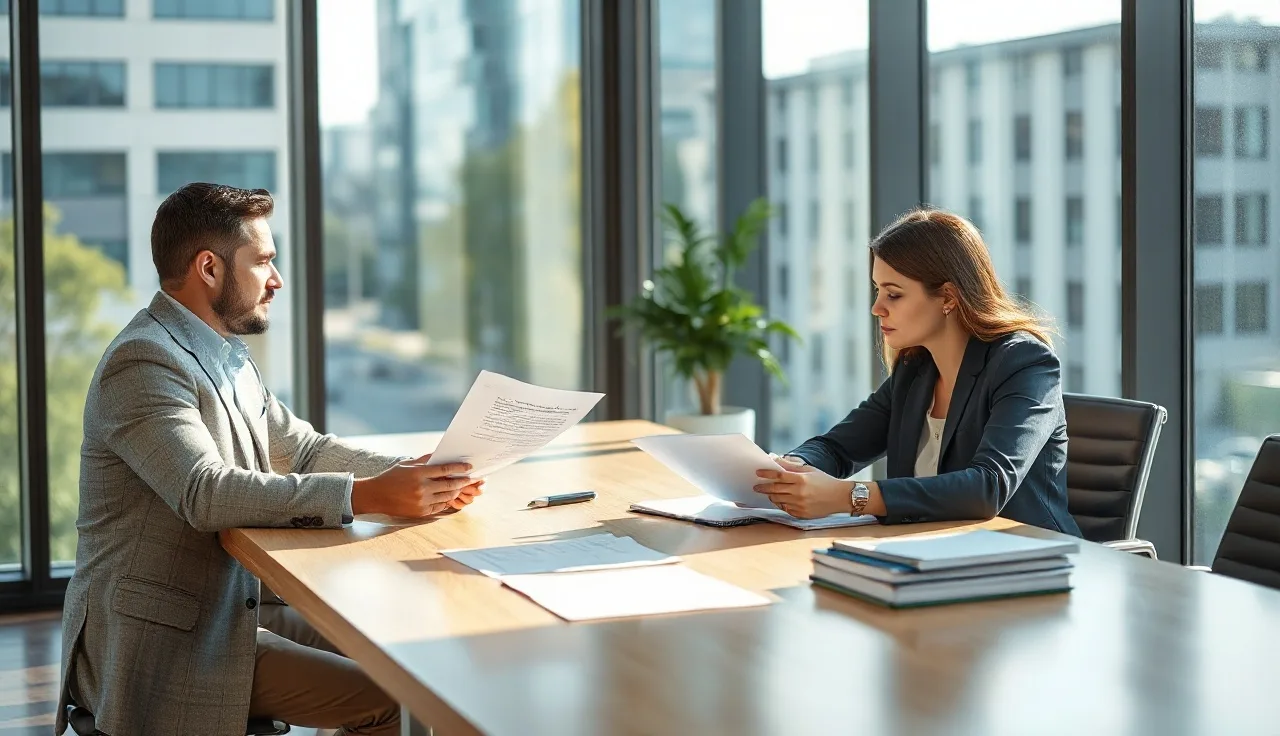 Two business professionals reviewing documents at a conference table in office light