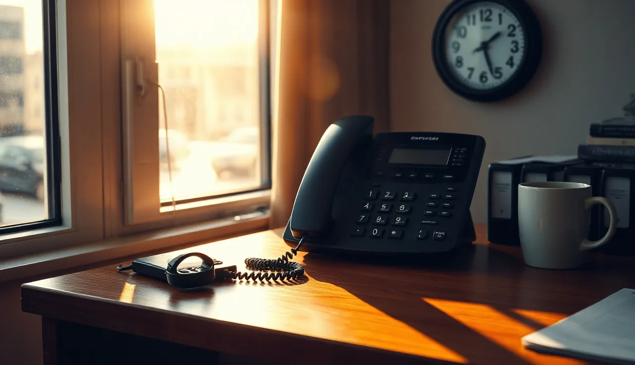 Office desk phone and clock at 7:45 am beside a window, calling hours compliance