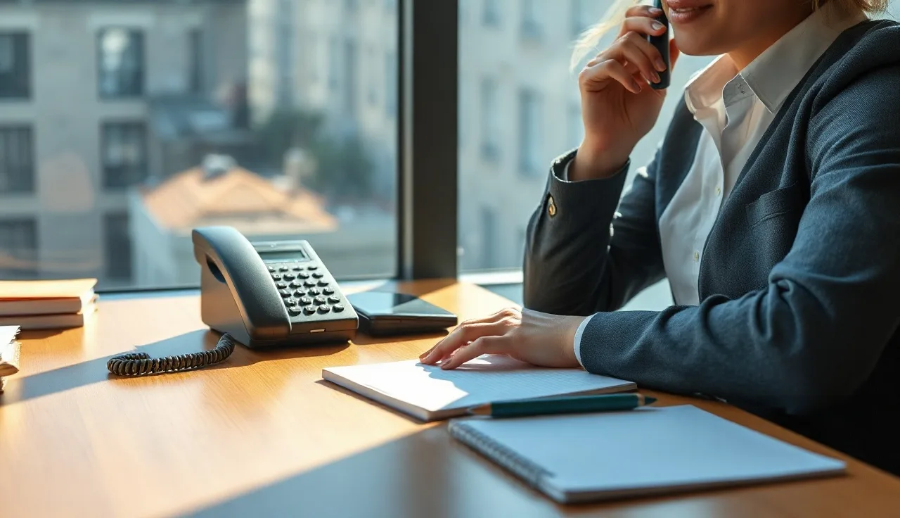 Person at office desk with telephone and notepad reviewing telemarketing compliance notes