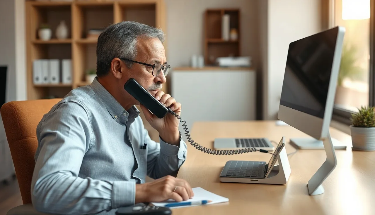 Person on office phone call making required caller identity disclosure