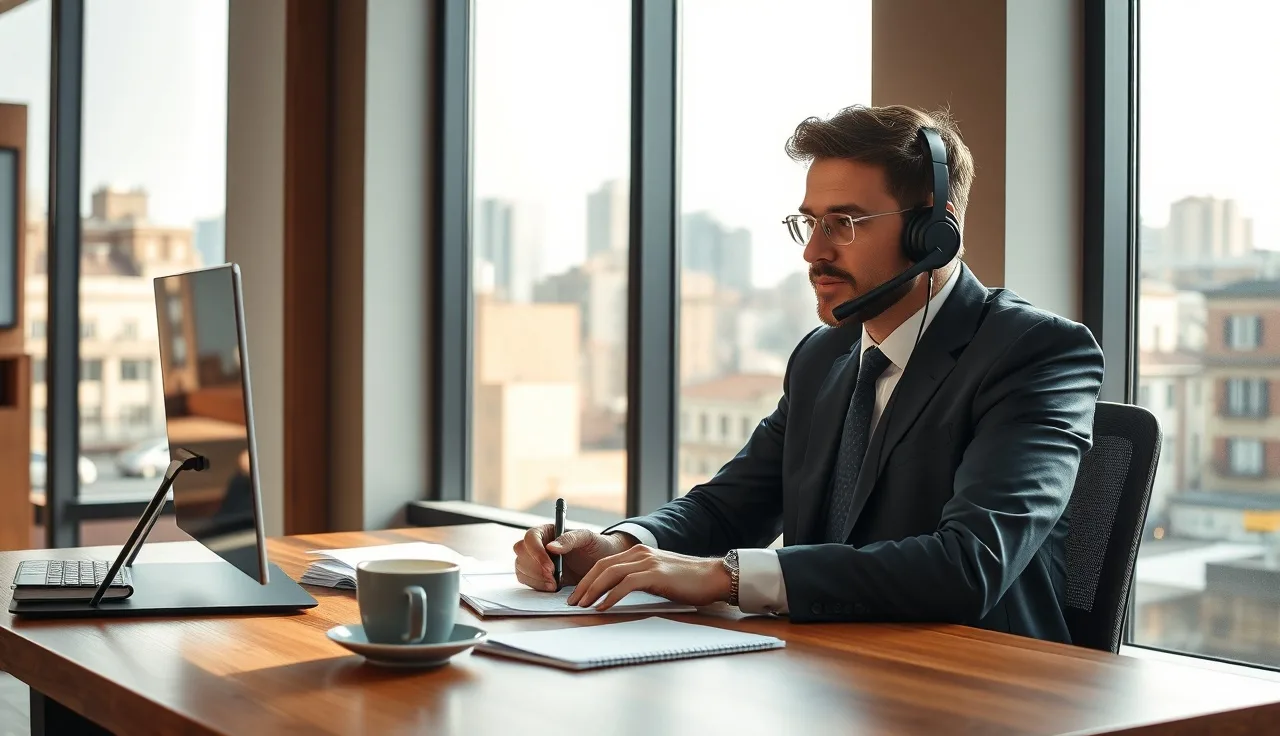 Sales rep on headset at desk using local presence dialing setup