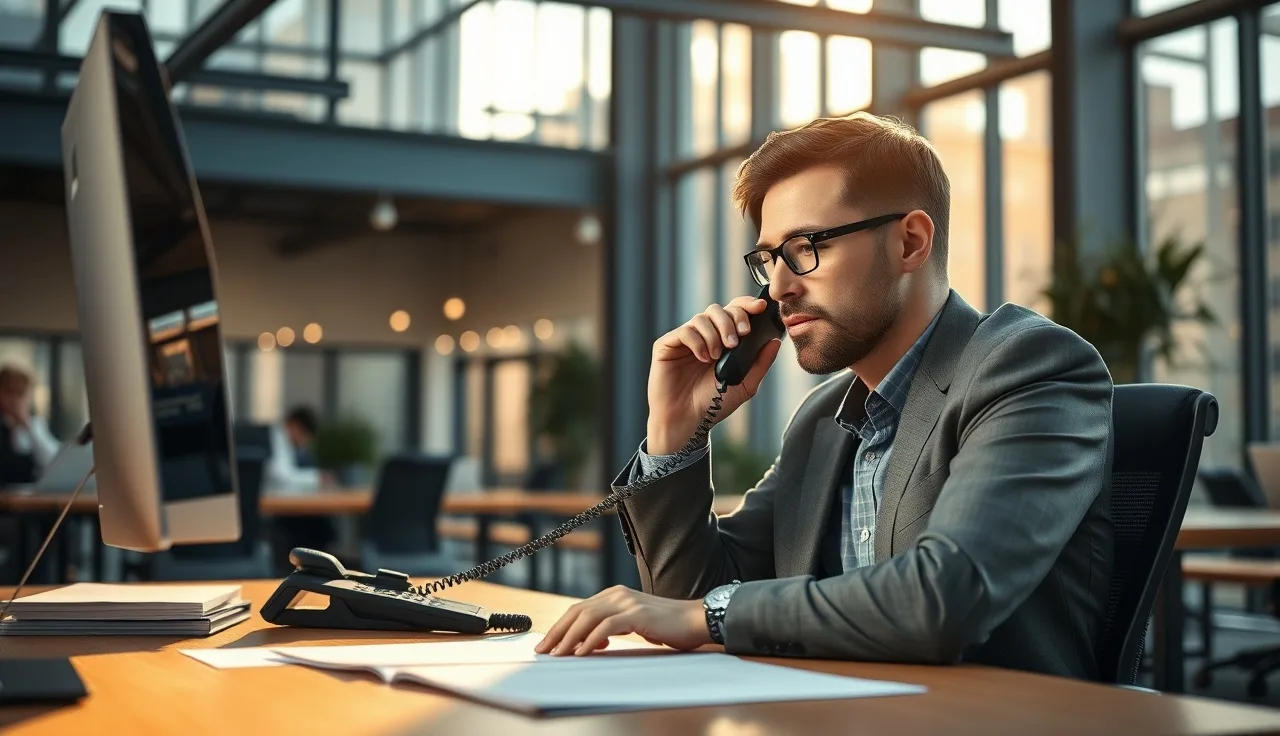 Sales professional on a desk phone reviewing notes for a compliant cold call opening