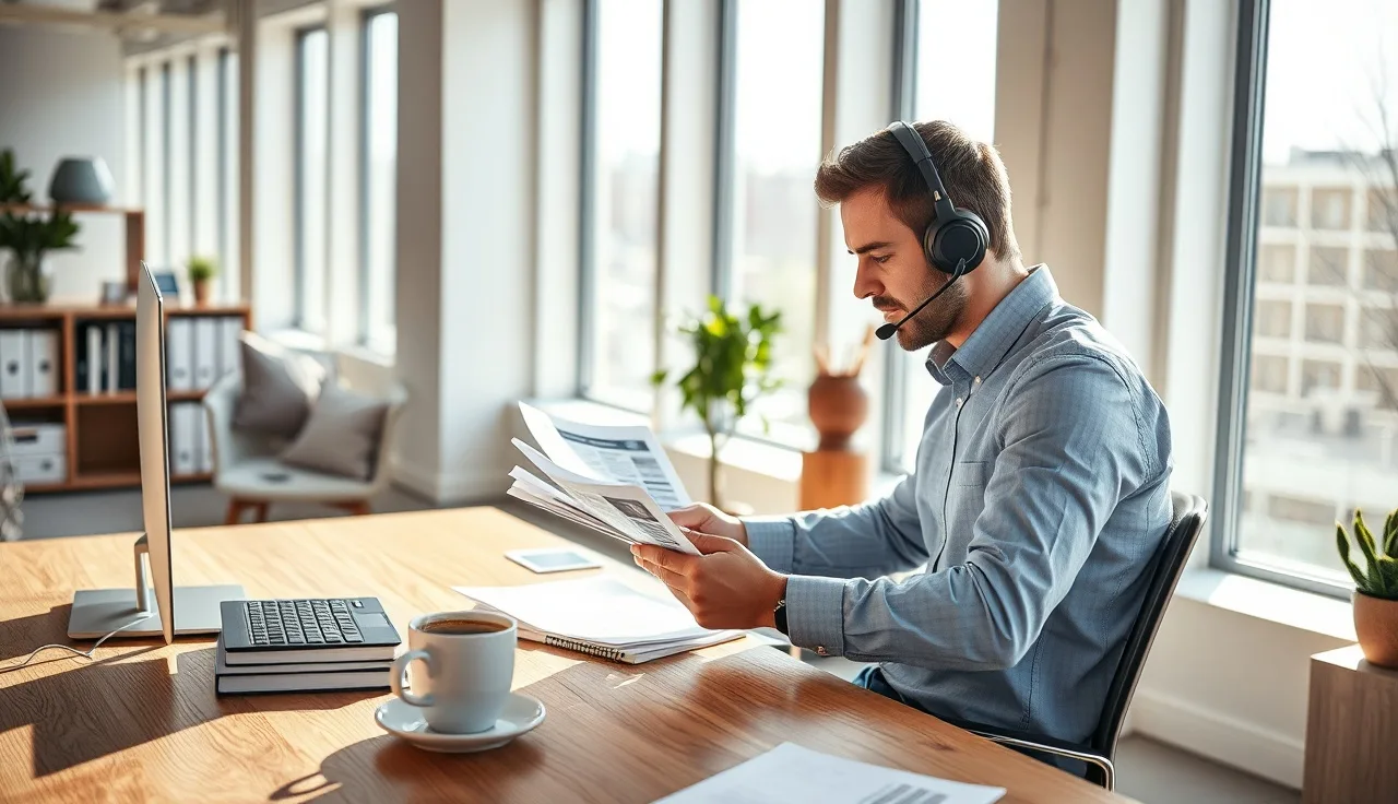 Sales rep reviewing warm calling contact list at sunlit office desk