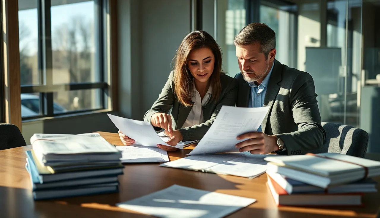 Two professionals reviewing compliance documents at an office table during vendor vetting