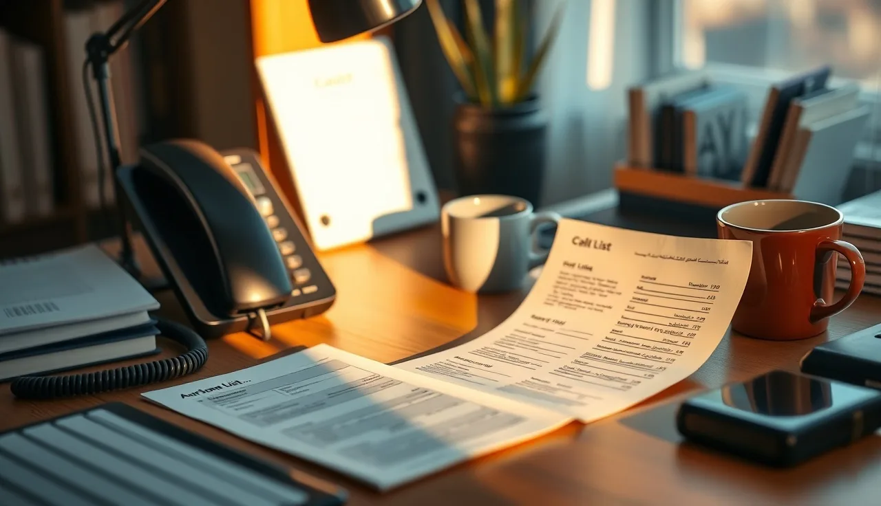 Home office desk with phone and printed call list used for insurance prospecting