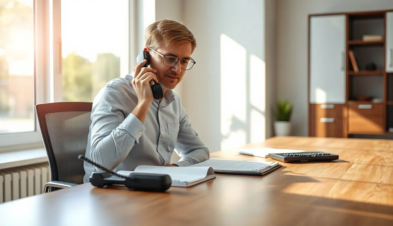 Sales representative making a cold call at a sunlit office desk