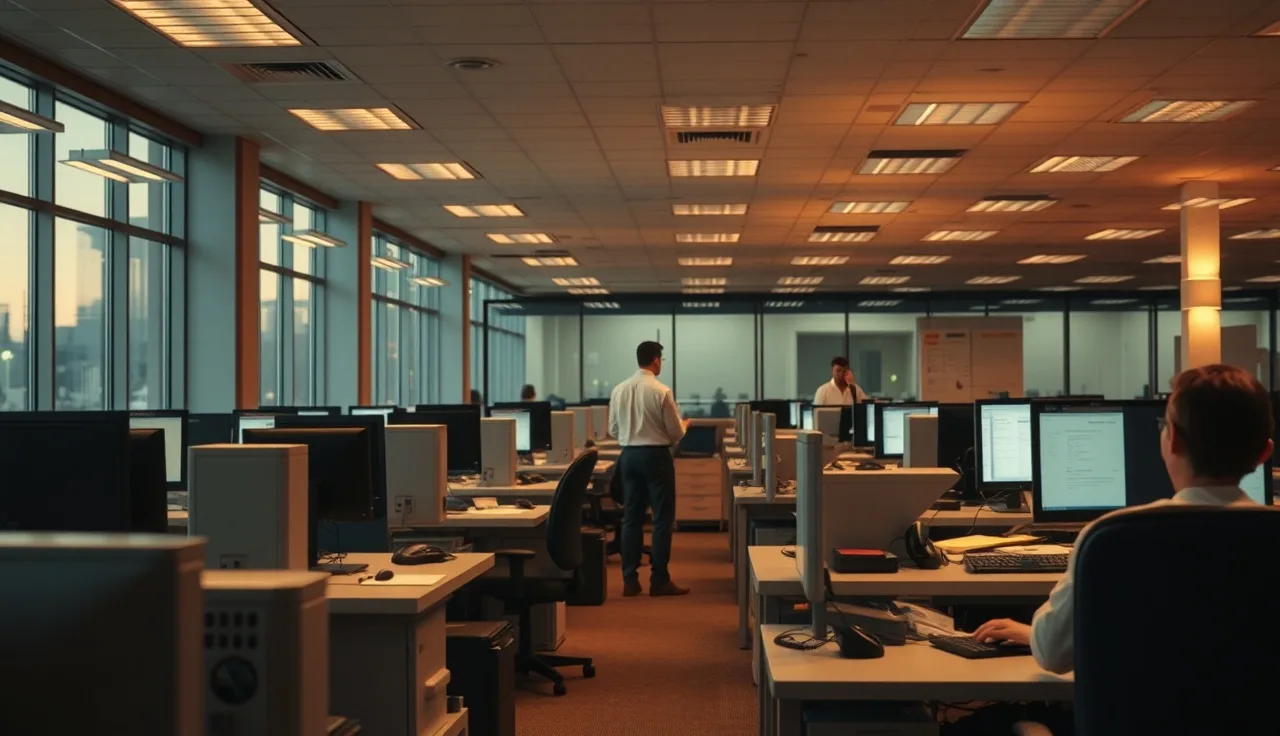 Empty call center workstations at dusk with one supervisor reviewing compliance data on a monitor