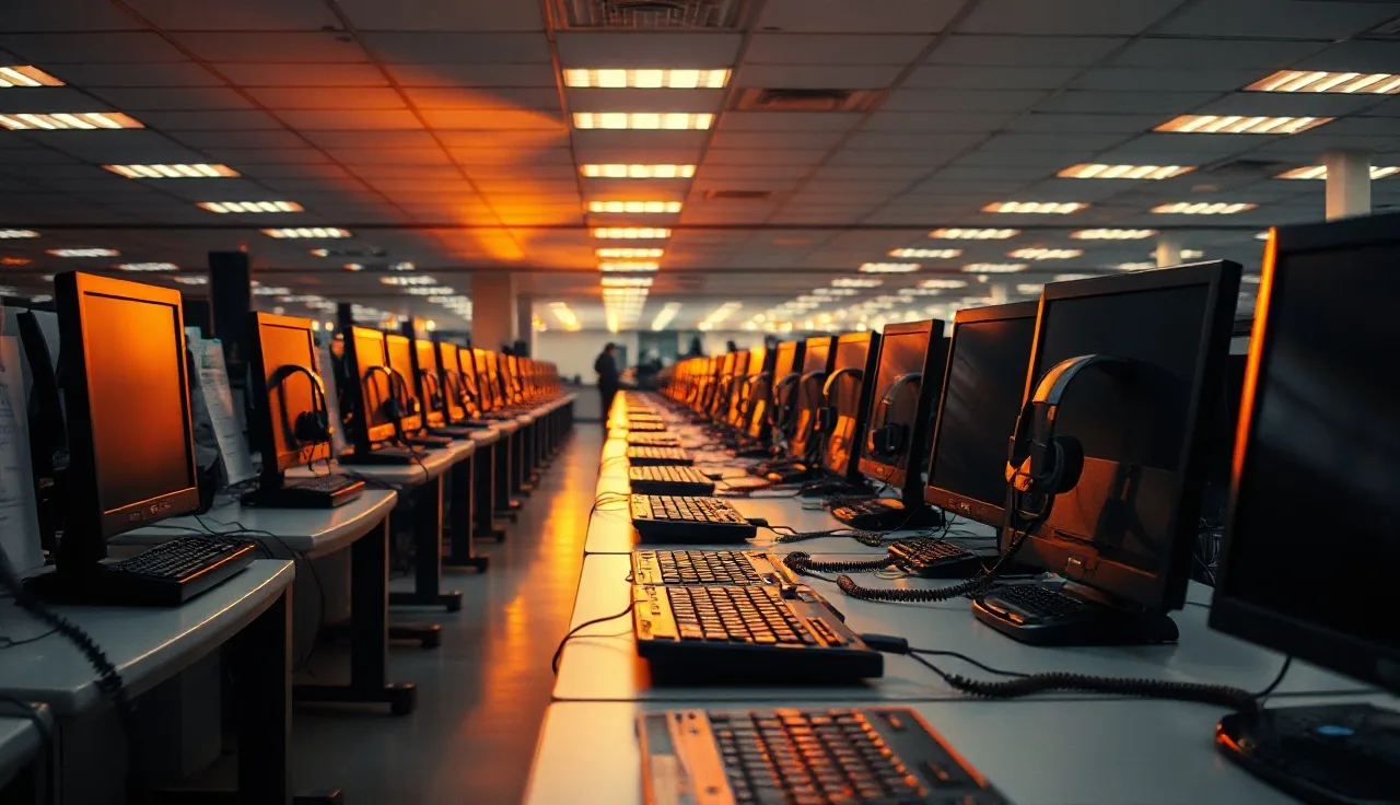 Empty call center floor at dusk showing headsets on desks for outbound dialing compliance