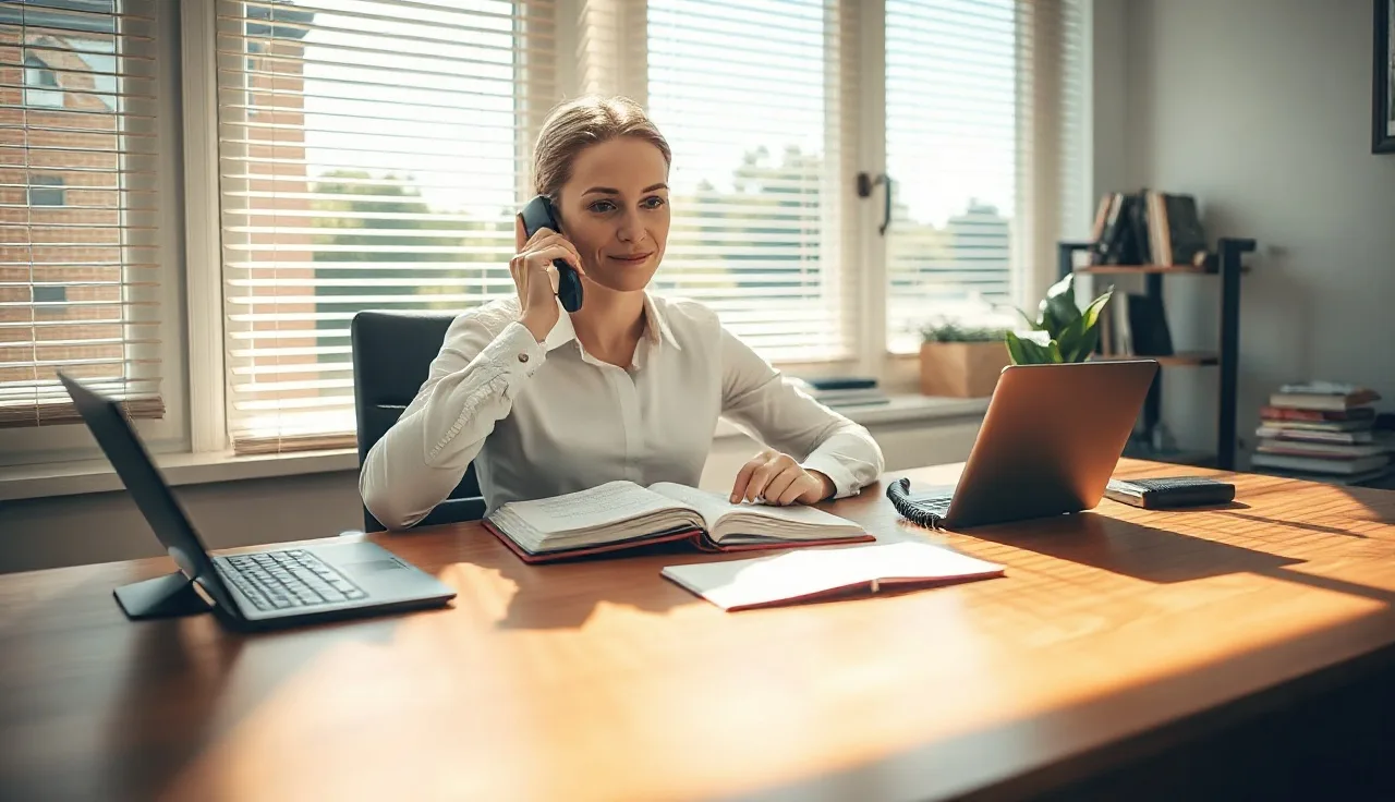 Real estate agent making a cold call at a sunlit office desk