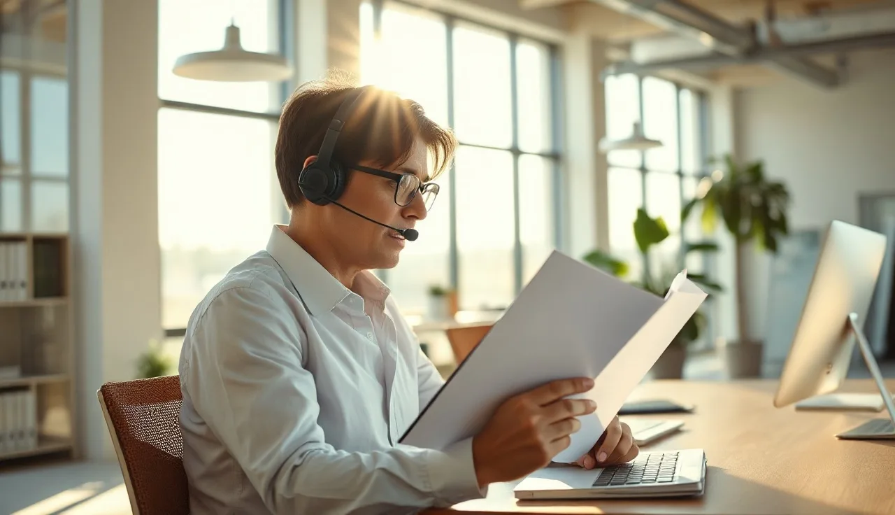 Sales agent wearing headset reviewing a telemarketing call script at a desk