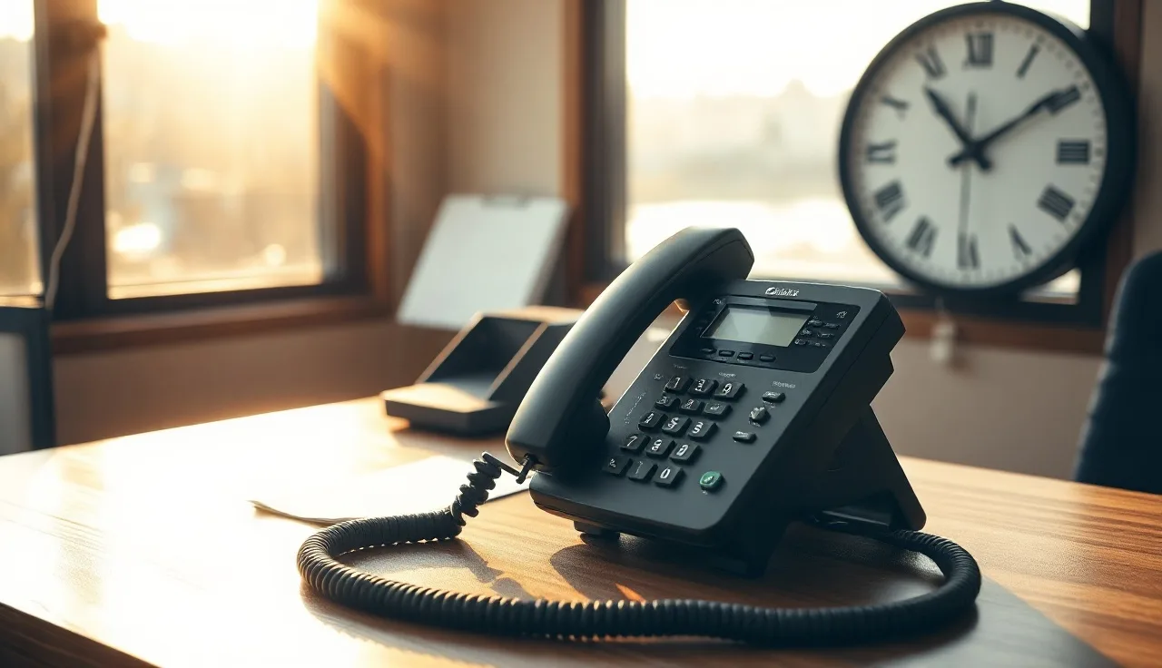Office telephone on a desk with wall clock showing TCPA call time window