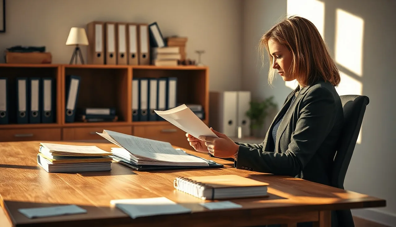 Compliance officer reviewing outbound sales call and email legal documents at a desk