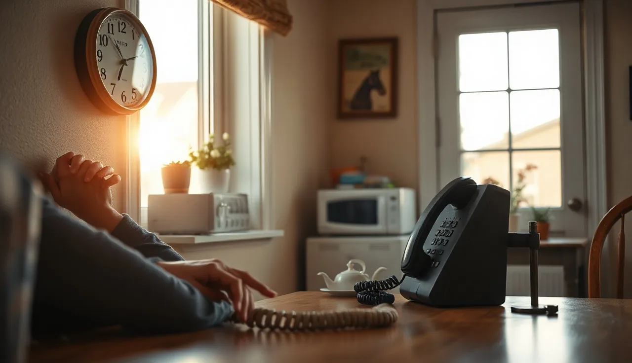 Person checking wall clock before making a phone call in morning light
