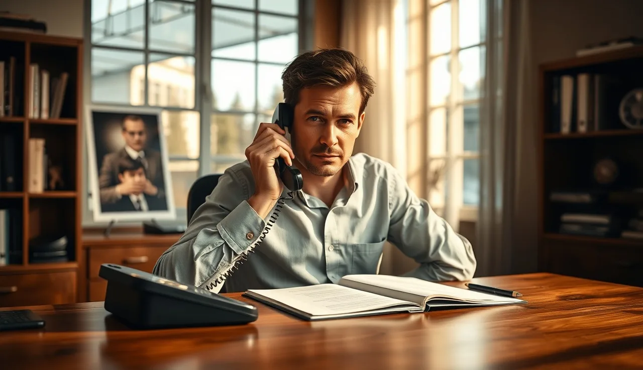 Person at a desk holding a phone receiver, reviewing notes about compliance