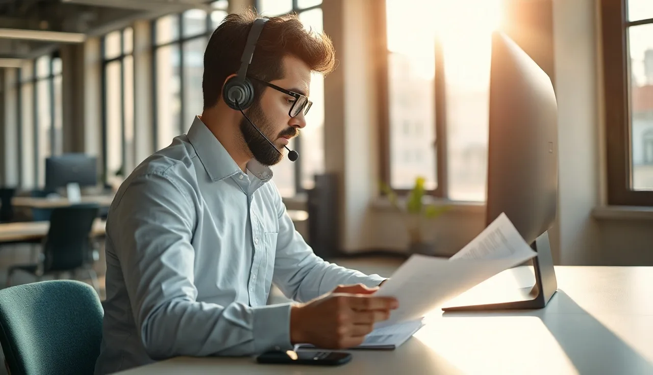 Office worker with headset reviewing telemarketing compliance documents at desk
