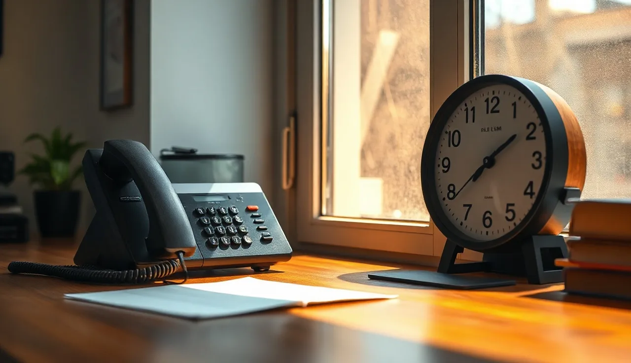 Desk telephone next to a wall clock during early morning telemarketing calling hours