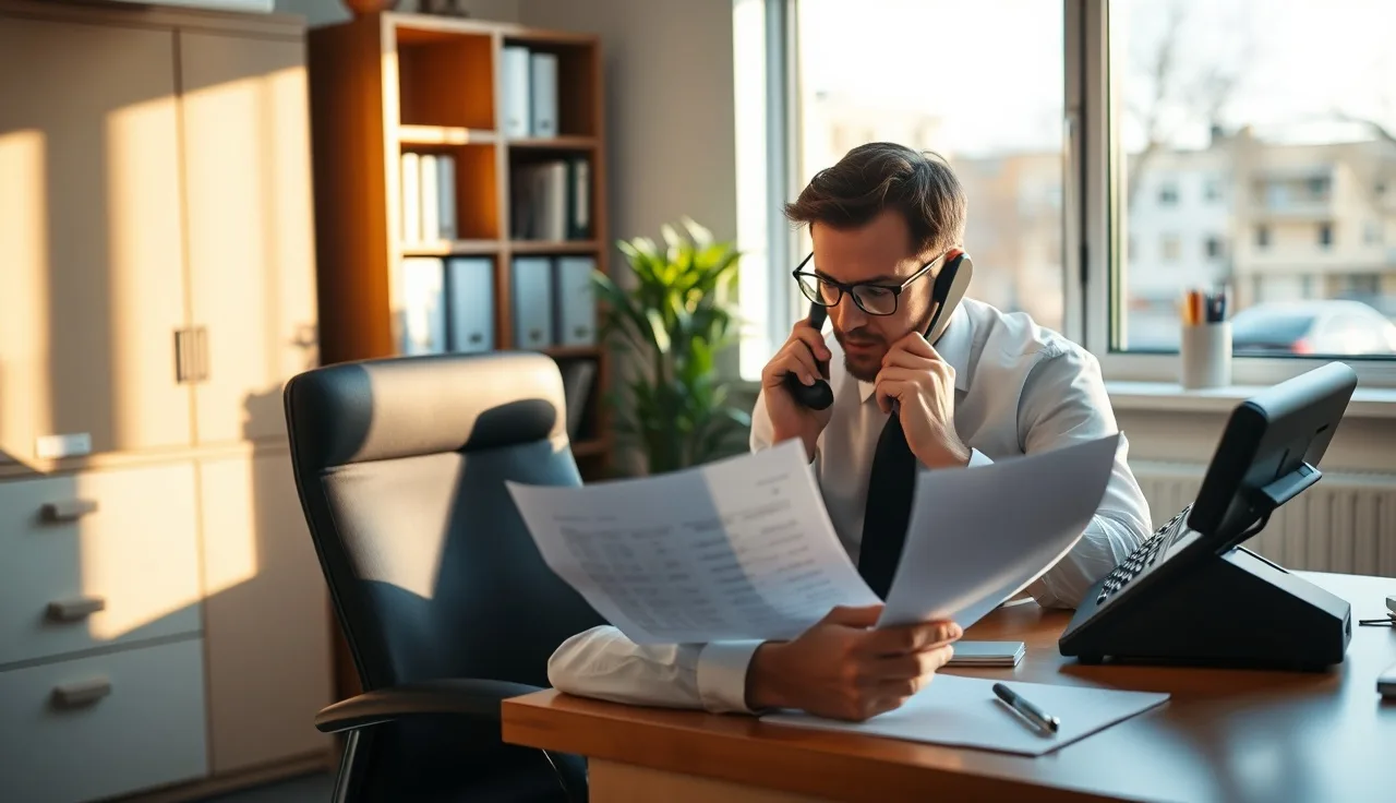 Sales professional reviewing call list at desk for telemarketing compliance