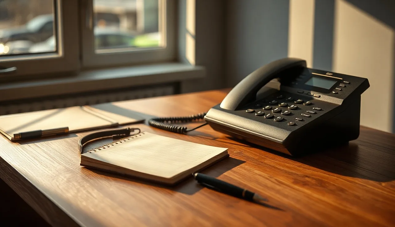Office desk with telephone handset and notepad under morning light, telemarketing compliance setting