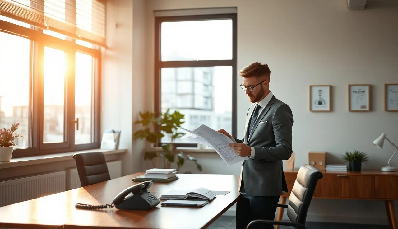 Professional reviewing telemarketing compliance documents at a desk with a telephone nearby