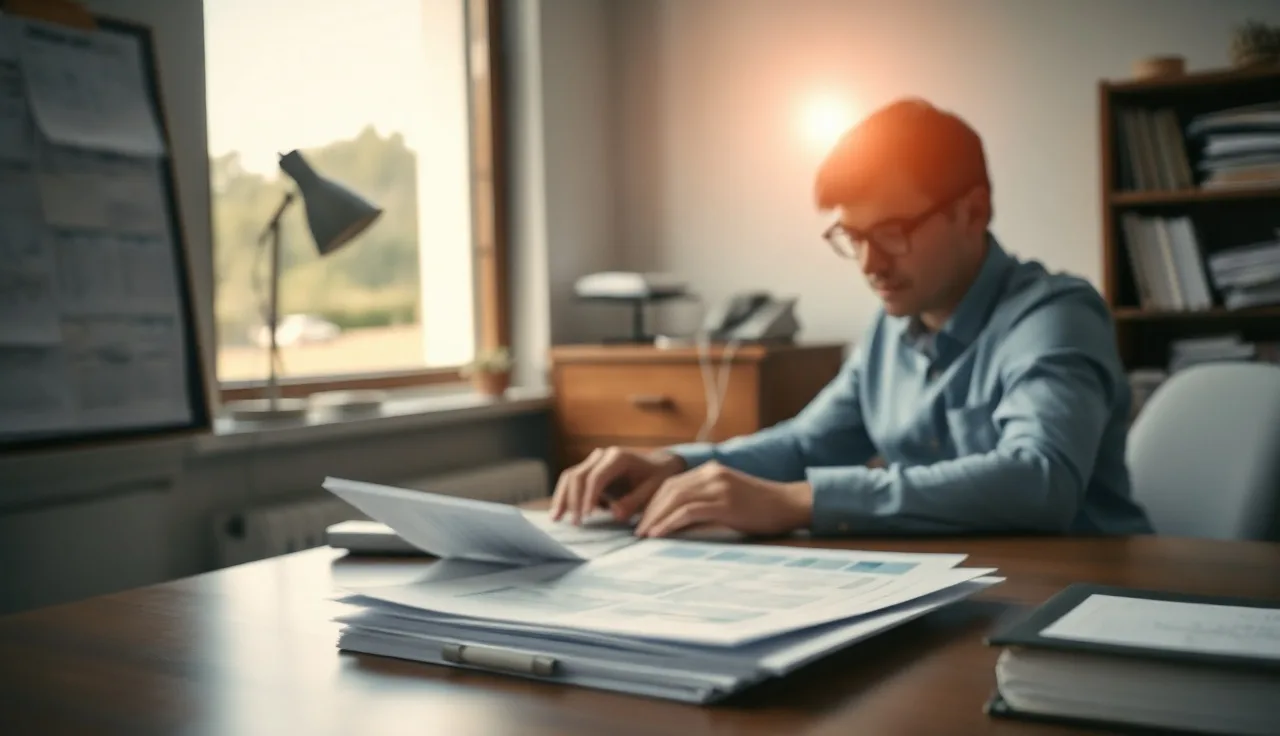Person reviewing telemarketing compliance documents at a desk with a phone nearby