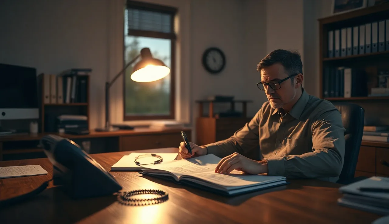 Compliance officer reviewing telemarketing sales rule documents at a desk at dusk